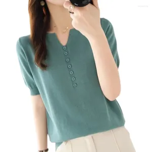 Camiseta feminina algodão puro e linho topo de malha manga curta com decote em v camisa base verão outono camiseta blusa feminina