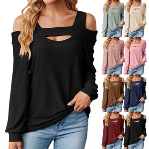 Camisetas femininas cor sólida oco solto manga longa camisa top womens tan sexy mulheres caem tops