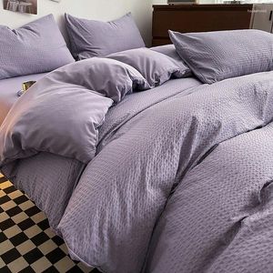 Conjuntos de cama Japonês Simples Cor Sólida Waffle Quilt Capa Lavável Cama de Algodão Conjunto de 4 Peças com Folha de Travesseiro Quarto de Menina