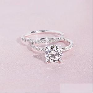 Solitaire Ring Huitan Bling Round Cubic Zircon 2st/Set Womens Simple Fashion Double Stacked Wedding Band Party Jewelry Drop Delivery Dhyk1