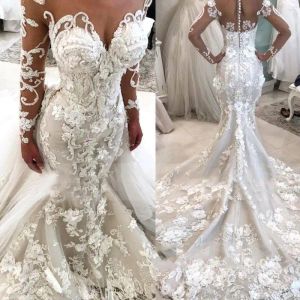 Abiti da sposa sirene a maniche lunghe glamour a maniche lunghe che vaccano appliques floreali in pizzo 3d spazzare abiti da sposa in taglio più vestiti de marie