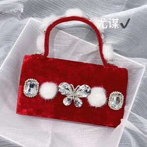 Red Mink Hairy Bow Small Square Bag Banquet Water Diamond Mobile Phone Bag Handheld Crossbody Bag