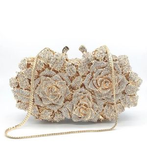 Kvällspåsar Dazzling Women Gold Rose Flower Hollow Out Crystal Metal Clutches Small Handbag Purse Wedding Clutch Bag Diamond274L