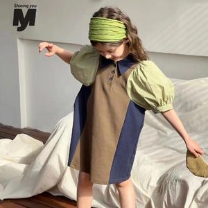 Girl Dresses Dress Turn-down Collar Short Sleeve Above Knee Length Pullover Patchwork Cotton Fashion Korean Designable Girls