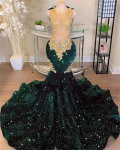 Sparkly verde scuro sirena abiti da ballo 2024 per ragazze nere pizzo dorato appliques perline nappe velluto paillettes abito del partito BC18147