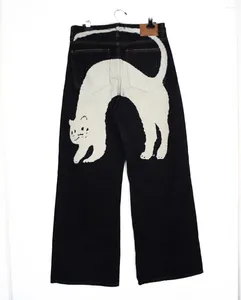 Women's Jeans Unique Black With Charming White Cat Print Design Fashion Harajuku Y2K Causal Personality Straight Wide Leg Pants