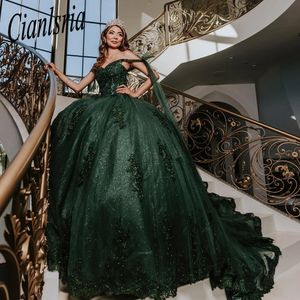Emerald Green Beaded Crystal Ball Gown Quinceanera Dress With Cape 3D Flowers Corset Vestido De 15 Anos