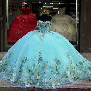 Aqua Blue Shiny Quinceanera Dress von der Schulterball Applikation Bug Schnürung florale Mädchen Geburtstagsfeier Prom Kleid Vestido Vx Anos