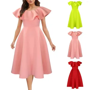 Casual Dresses Ruffle Women's Retro Elegant Dress Cocktail Prom Party Bankettklänningar Solid Pink Red Yellow Summer For Ladies Vestido