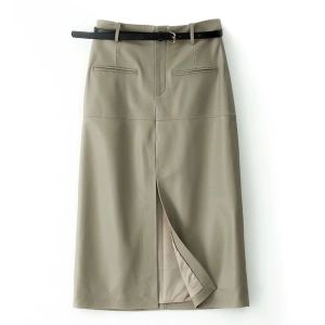 2023 New Genuine Leather Longuette for Women Sheepskin Wrap Long Skirt Belt Mujer Mid Length Front Slit Midcalf Black/khaki