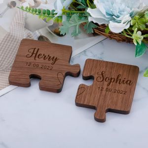 Jewelry 2pcs Custom Name Puzzle Coasters Wooden Coffee Coaster Couple Gift Love Souvenir Table Coaster Boyfriend Valentine's Day Gifts