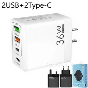 Adaptadores de parede multiportas 2USB + 2PD 36W carregador de laptop para telefone UE / EUA / Reino Unido adaptado para iphone Samsung Smart phone