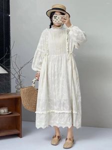 Casual Dresses Japanese Mori Sweet Lace Stand Collar Organ Pleated Cotton Embroidery Long Sleeve Dress Princess Midi