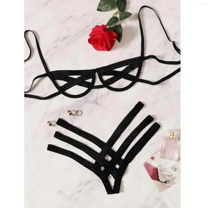 Set di reggiseni Sexy-Porn Fasciatura Set di lingerie Indumenti da notte Pizzo Moda Mutande Reggiseno Mutandine Pigiama nero Donna G String Biancheria intima aperta