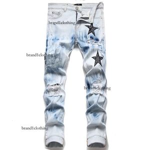 Jeans Designer para Mens Calças Branco Preto Rock Revival Biker Homem Calça Quebrada Buraco Bordado Hip Hop Denim Calças Carta Jeans Pantalones