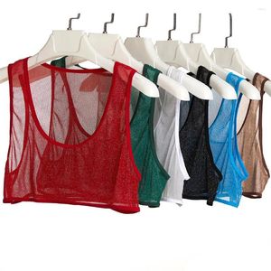 Men's Tank Tops Men Sexy Mesh Crop Cropped Muscle Vest See Through Shiny Singlets Lingerie Glossy Undershirt Gym Fitness Sleeveless T-shirt