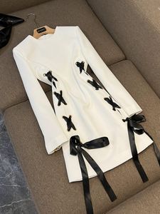 2024 Spring White Black Contrast Color Ribbon Tie Bow Lace Up Dress LawnGreen Long Sleeve Round Neck Short Casual Dresses O4J192787 Plus Size XXL