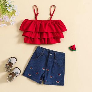 Kläder sätter 1-6 år barnflickor denim shorts set skiktad kamisol med broderi vattenmelon outfit för barn