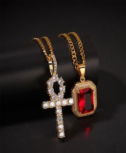 Collana Ankh egizianaCiondolo Gemma rossa Strass ghiacciato Fascino color oro Uomini/Donne Chiave della vita Gioielli egiziani Regalo Drop Shipping8719490