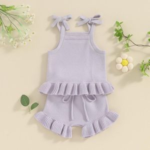 Conjuntos de roupas Ewodos Baby Girls Knit Shorts Outfits Cor Sólida Sem Mangas Cami Tops Com Cintura Elástica 2 Pçs Set Para 0-18 Meses