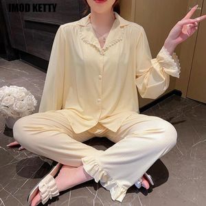 Kadın pijama sevimli kız basit stil bahar yaz uzun kollu pantolon iki parçalı set çok yönlü ev giymek katı saten ipek nazik rüzgar