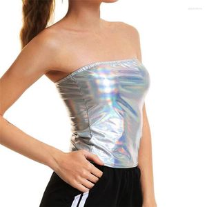 Bustiers & Corsets Women Liquid Metallic Strapless Tube Tank Tops 2024 Summer Sexy Bandeau Clubwear Holographic Wetlook Leather Party Top