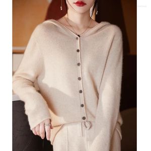 Maglieria da donna 2024 Cardigan con cappuccio in pura lana da donna Comodo autunno e inverno Maglione lavorato a maglia con fibbia Cappotto in cashmere sciolto Top 224