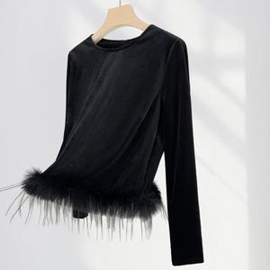 Women's T Shirts Feather Dekorativ topp vår svart pleuche långärmad t-shirt