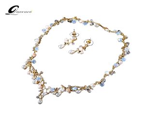 Queenco Crystal Teardrop Wedding JewelryセットRhinetone Choker Necklace and Earrings Gold Color Bridal Jewelry for Women1419806