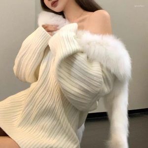 レディースニット韓国ファッションホワイトセーター女性2024秋の毛皮の襟長い袖はニットトップ