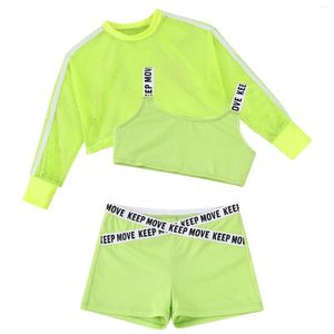 Conjuntos de roupas Hip Hop Meninas Jazz Trajes Crianças Tracksuit Terno Esporte Bra Colete Top Colheita com Net Cover Up Tops e Shorts Dance Outfits