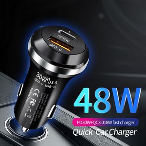 Carregador de carro de porta dupla 48W USB-C PD30W + QC 3.0 USB-A 18W Adaptador de carregamento rápido para telefone