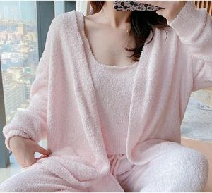 Women's Sleepwear Thick Women Pajamas Three-piece Set Home Clothes Soft Warm Autumn Winter SleepTrousers Suspenders Cardigans Wool Knitting