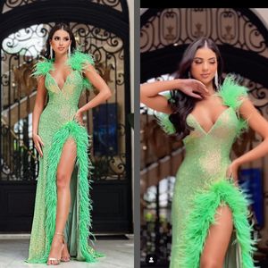 Sexy V Neck Mermaid Prom Dresses Shiny Sleeveless Sequined Lace Formal Occasion Dress Feather Aso Ebi Evening Gown