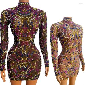 Stage Wear Colorful Pearls Long Sleeved Dress Sexy See-Through Evening Dresses Women Party Gogo Costume Performance Outfit XS7002