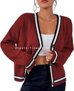 Women's Sweters Womens Otwarcie przedniego kardigan guzika w dół Sweter w paski swobodny luźne, luźne złącze v szyję dzianin płaszcz różowy designerski sweter kardiganowy