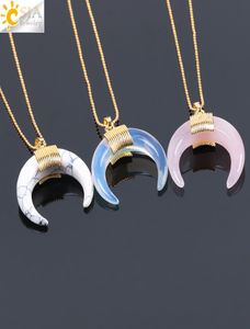 CSJA Natural Stone Crescent Half Moon Necklace Pendant with Chain Gold Color Wrapped for Women Rose Quartz Crystal DIY Jewelry F0637221638