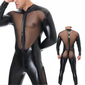 Leases Mens Underwear Jumpsuits Patent Leather Catsuit Onepiece Bodysuit Clubwear Stage Leotard Zipper Open Crotch Wrotling Singlet