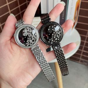 Marca de moda relógios feminino menina colorido cristal leopardo estilo aço banda metal bonito relógio pulso c63357f