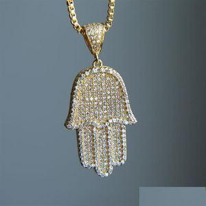 Anhänger Halsketten Hohe Qualität Hip Hop Bling Box Kette 24 Frauen Männer Paar Gold Silber Farbe Iced Out Hamsa Hand Anhänger Halskette mit C DH1DL