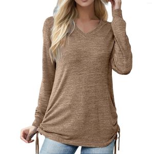 Kvinnors T -skjortor V Neck Ruched Solid Color Long Sleeve Loose Shirt Top Med Womens Overized Tee For Women