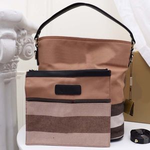 Canvas Bucket Bag Plaid Handbags Tote Bag Leather Handle Detachable Long Strap Ashby Handbag Purse Removable Zip Pocket Two Piece 264U