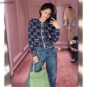 NEW_ 2023 New Autumn Letter Blue Knitted Cardigan for Women Striped Ing Loose Round Neck Sweater Jacket Trend