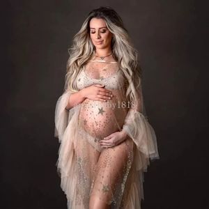 Sexy Golden Star Tulle Maternity Photography Prop Dresses Flare Sleeve See Through Pregnant Women Pregnancy Photo Shooting Dress