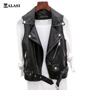 Leather Women's Jacket Black PU Leather Vest Fashion Zipper Motorcycle Vest Tops Spring Autumn Steampunk Women Leather Coat Waistcoat