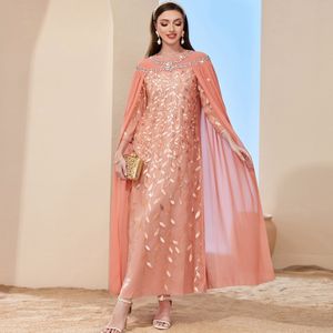 2024 Arabisch Dubai Kleider für die Brautmutter, neue Party, elegant, V-Ausschnitt, Hofschleppe, Chiffon, lange Ärmel, mit Pailletten, Perlen, Übergröße, paillettenbesetzte, rosa Ball-Abendkleider