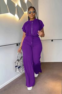 Women's Jumpsuits Rompers Summer casual two-piece African womens fashion solid round neck lace top wide leg pants two-piece womens set J240224