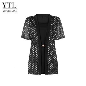 Yitonglian Fashion Woman Blouse Plus Size Summer Dot Floral Print Short Sleeve Colorblock Tunic T Shirts Tops 6XL 7XL W134 240219