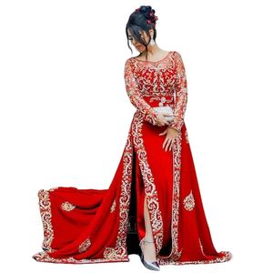 Karakou Algieria Kaftan Czerwone sukienki wieczorowe złote koronkowe aplikacje długie rękawy Eleganckie arabskie Dubaj Prezenta