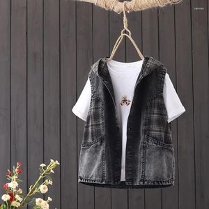 Kvinnors västar plus storlek denimväst för kvinnor 2024 Summer Autumn Korean Fashion Plaid Splice Hooded ärmlös Jean Coat Female Waistcoat